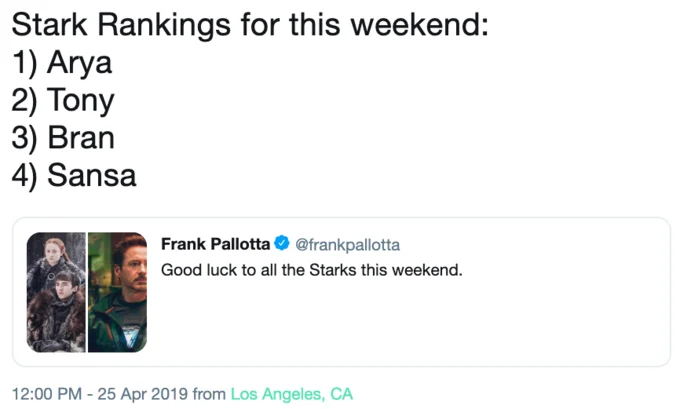 Protect The Starks — Tweet ranking Arya, Tony, Bran, and Sansa as the Starks for the weekend