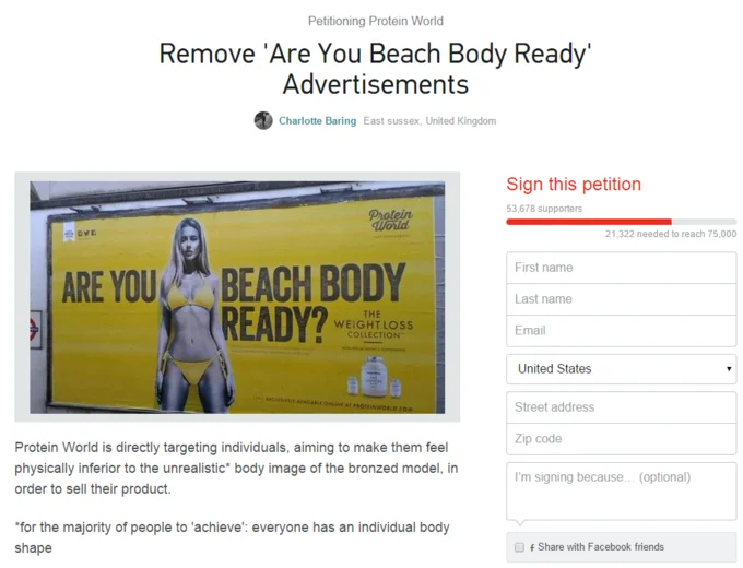 Protein World's "Beach Body Ready" Ad — Change.org petition page to remove Protein World Beach Body Ready ads