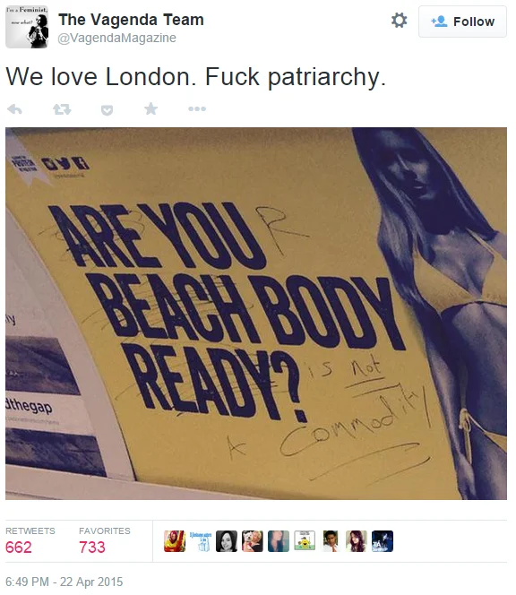 Protein World's "Beach Body Ready" Ad — Tweet showing graffitied Protein World ad with 'is not commodity' written on it