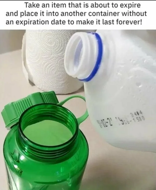 PROTIP — Milk being poured into a green bottle with fake pro-tip caption about beating expiration dates.