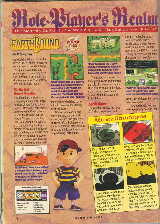GamePro July 1995 EarthBound magazine review page with multiple PROTIP captions.