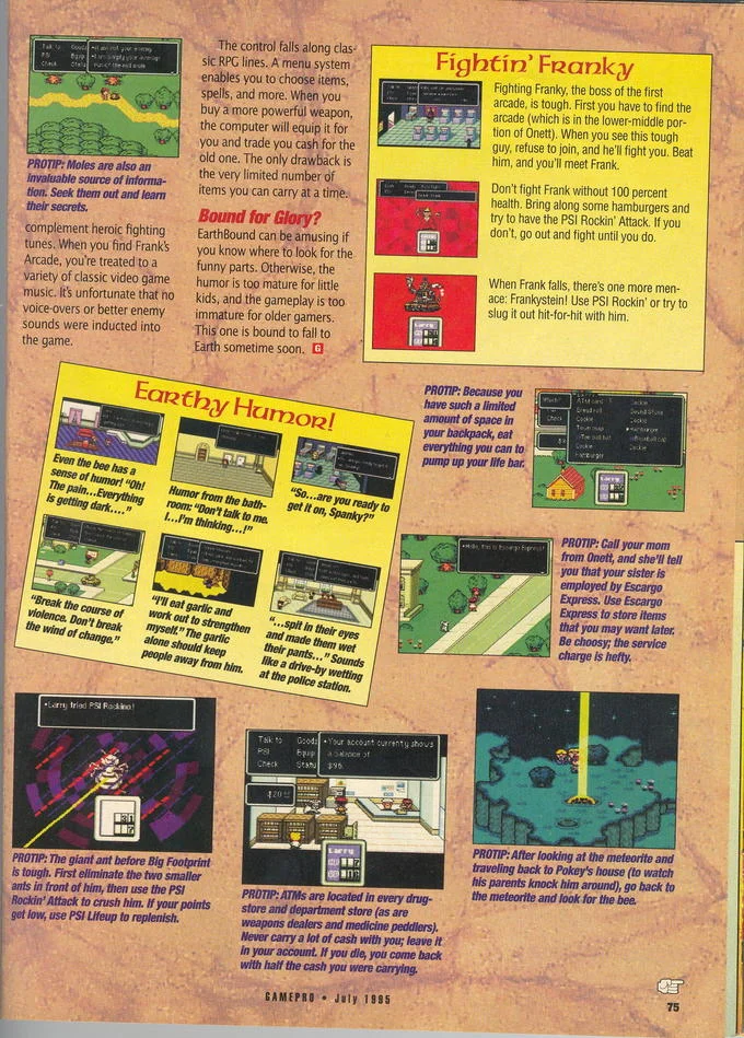 Second page of GamePro EarthBound review showing more PROTIP captions on screenshots.