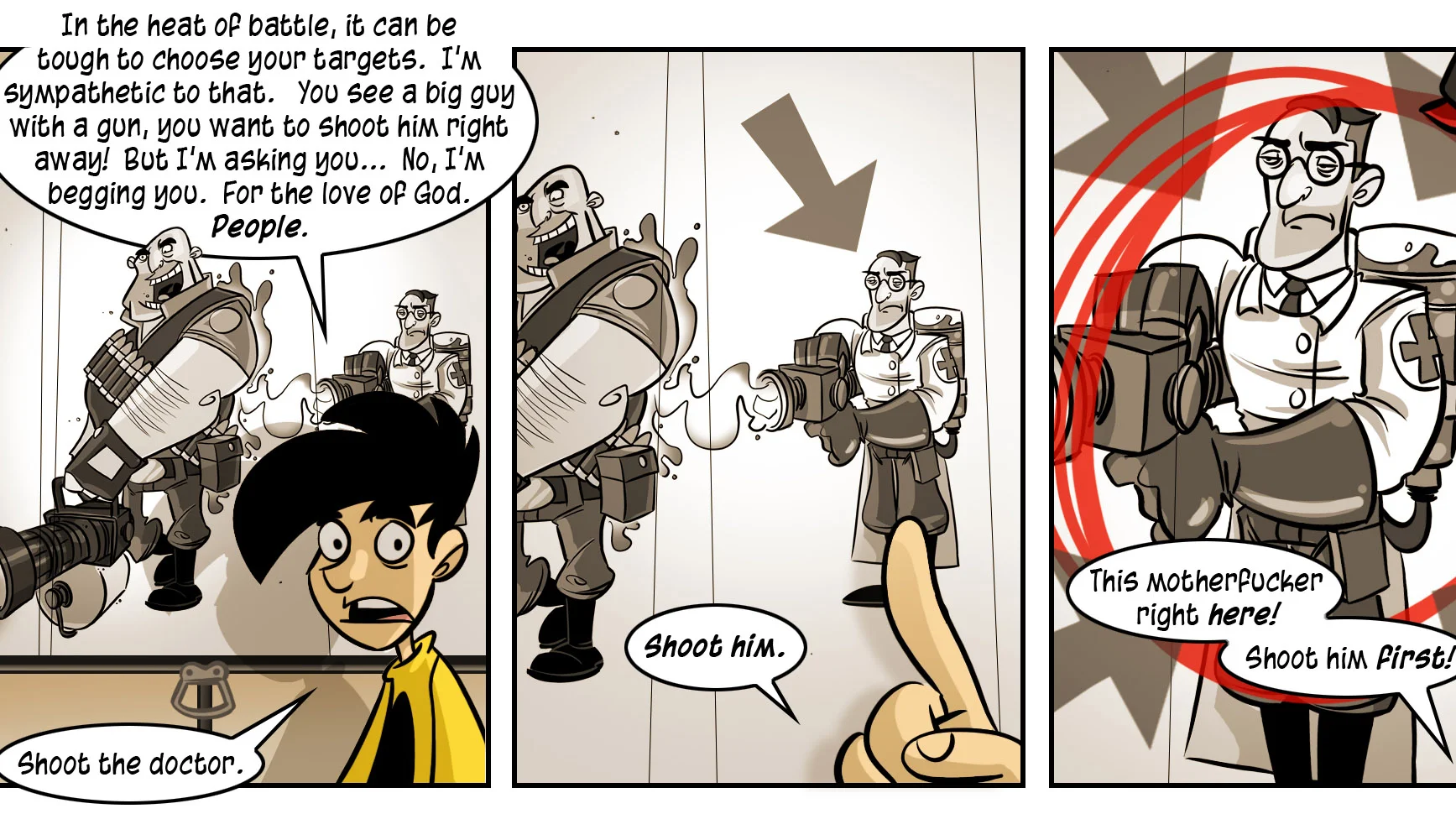 PROTIP — Three-panel Penny Arcade comic of Team Fortress 2's Heavy telling a player to shoot the Medic first.