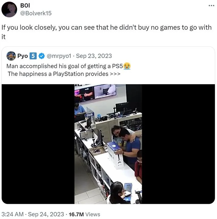 PS5 Has No Games — Tweet joking that a man buying a PS5 on security camera didn't buy any games with it