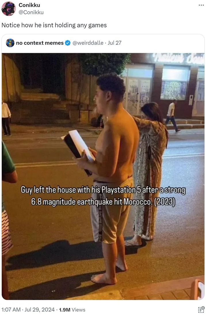 PS5 Has No Games — Tweet about Moroccan man carrying PS5 during earthquake, joking he brought no games