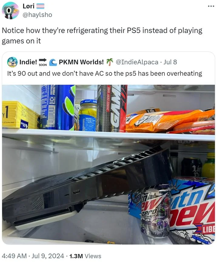 PS5 Has No Games — Tweet about a PS5 stashed in a refrigerator with a 'no games' joke caption