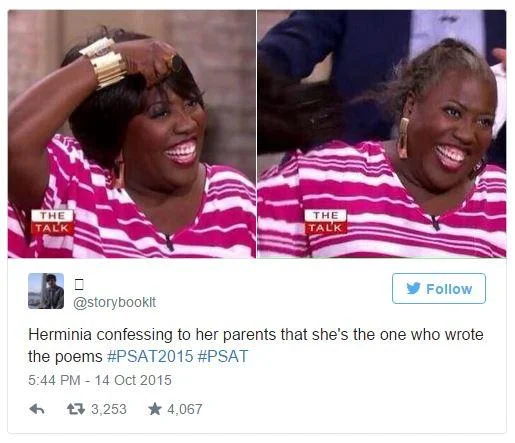 Four-panel panicked selfie sequence in a psat tweet about running out of exam time