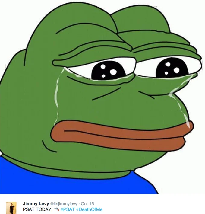 Sad crying Pepe the Frog meme in a psat exam-day tweet