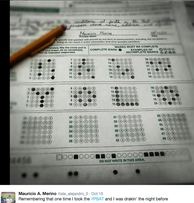 Scantron answer sheet with pencil in a psat tweet joking about being unprepared