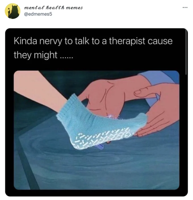 Psych Ward Socks — Tweet joking about therapists committing you, with Cinderella receiving a psych ward sock instead of a glass slipper.