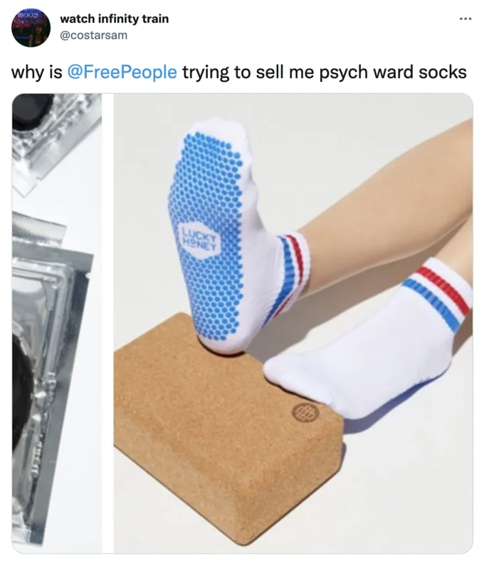 Psych Ward Socks — Tweet mocking Free People for selling grip socks that resemble psych ward hospital socks.