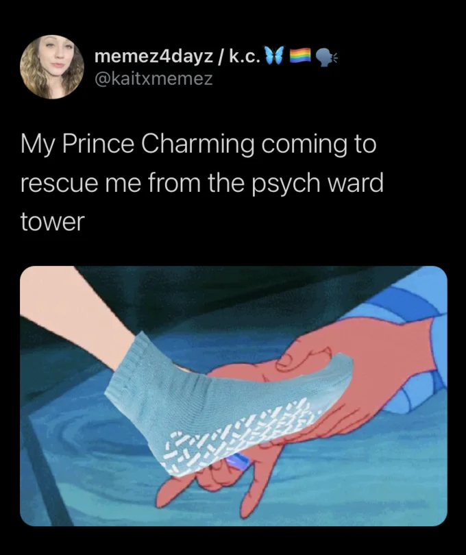 Psych Ward Socks — Tweet with Cinderella receiving a blue grippy psych ward sock from Prince Charming.