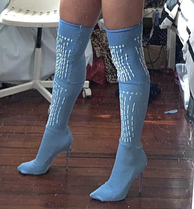 Psych Ward Socks — Thigh-high stiletto boots fashioned from blue psych ward grippy socks.