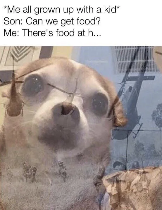PTSD Chihuahua meme about parents saying there's food at home.