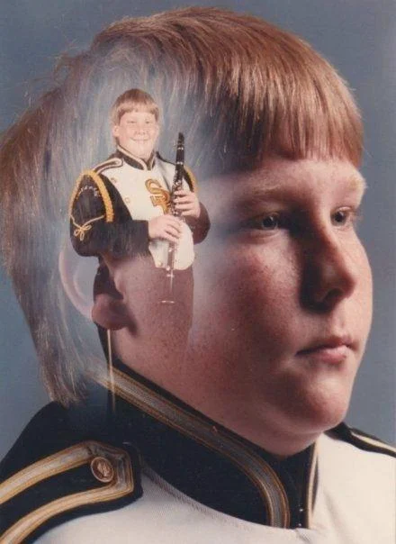 Full unedited marching band portrait of PTSD Clarinet Boy with double exposure of clarinet player