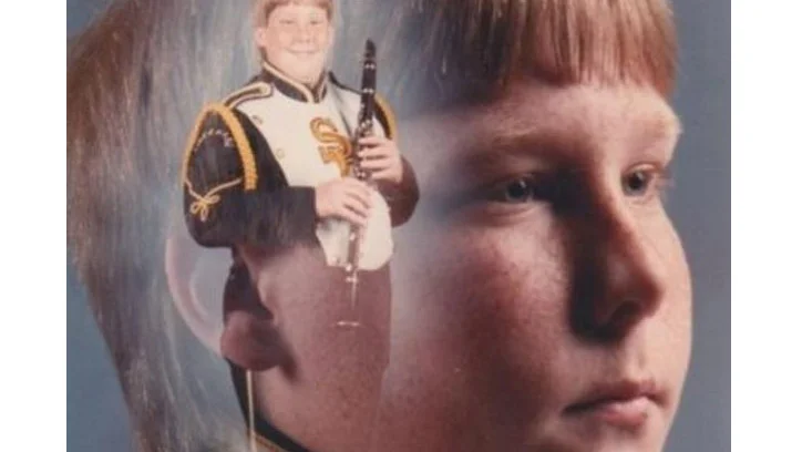 Cropped marching band portrait of PTSD Clarinet Boy with double exposure effect