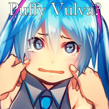 Blue-haired anime girl pulling cheeks under stylized 'Puffy Vulva?' caption