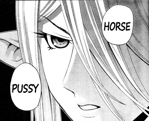 Puffy Vulva — Silver-haired anime character with 'PUSSY' and 'HORSE' speech bubbles