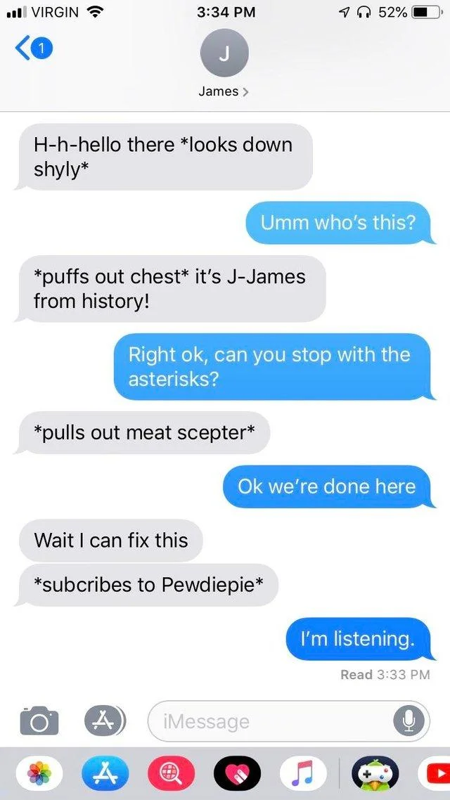 *Pulls Out Meat Scepter* — iMessage screenshot with James roleplaying pulls out meat scepter then subscribes to PewDiePie