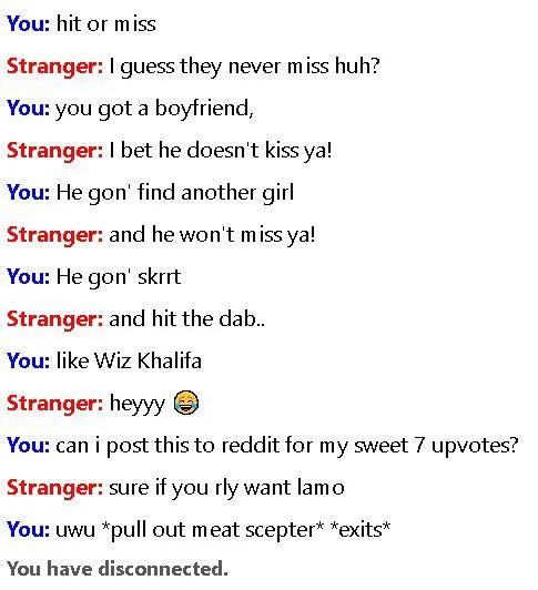 *Pulls Out Meat Scepter* — Omegle Hit or Miss chat log ending with uwu pull out meat scepter exits