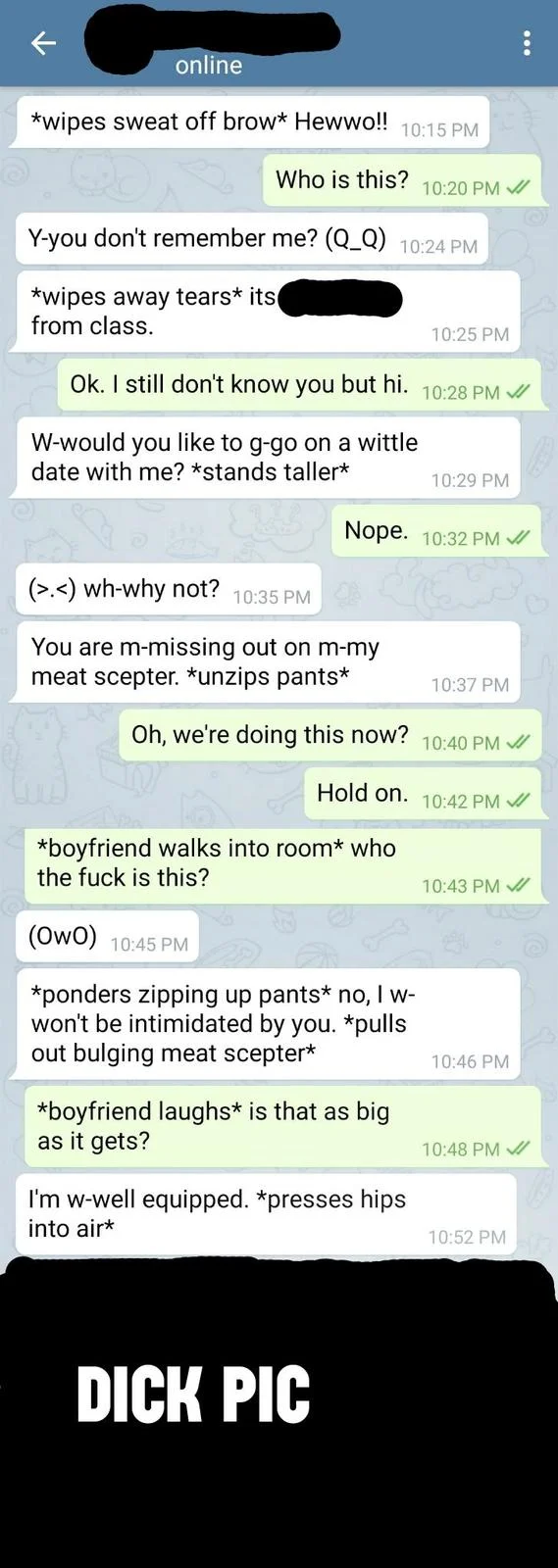 *Pulls Out Meat Scepter* — Telegram chat with roleplay dialogue including pulls out meat scepter, ending in a censored dick pic