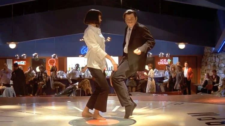 Behind-the-scenes still from the making of Pulp Fiction.