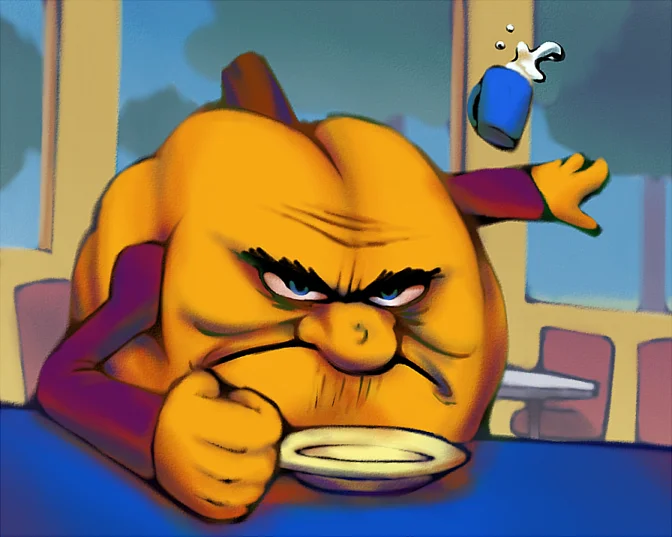 Pumkin — Angry orange pumpkin character with purple sleeves at a diner table with empty plate