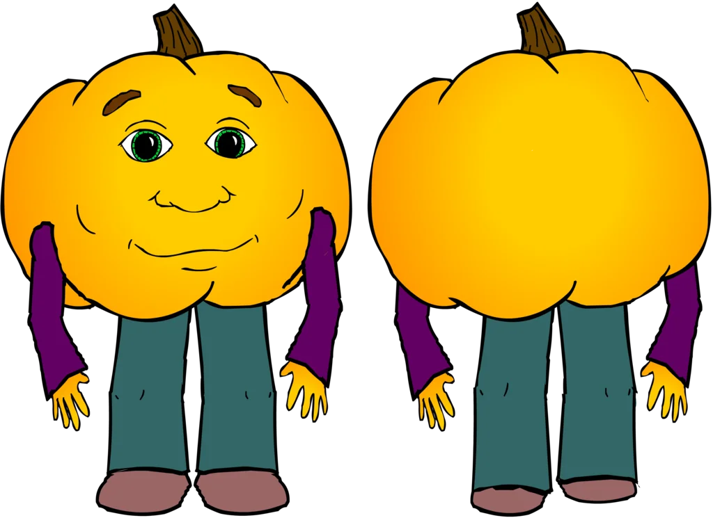 Pumkin — Character reference sheet of pumpkin man from front and back views