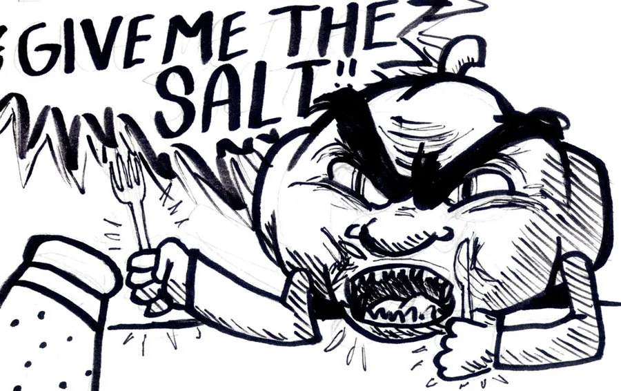Pumkin — Ink sketch of pumpkin character shouting Give me the salt while brandishing a fork