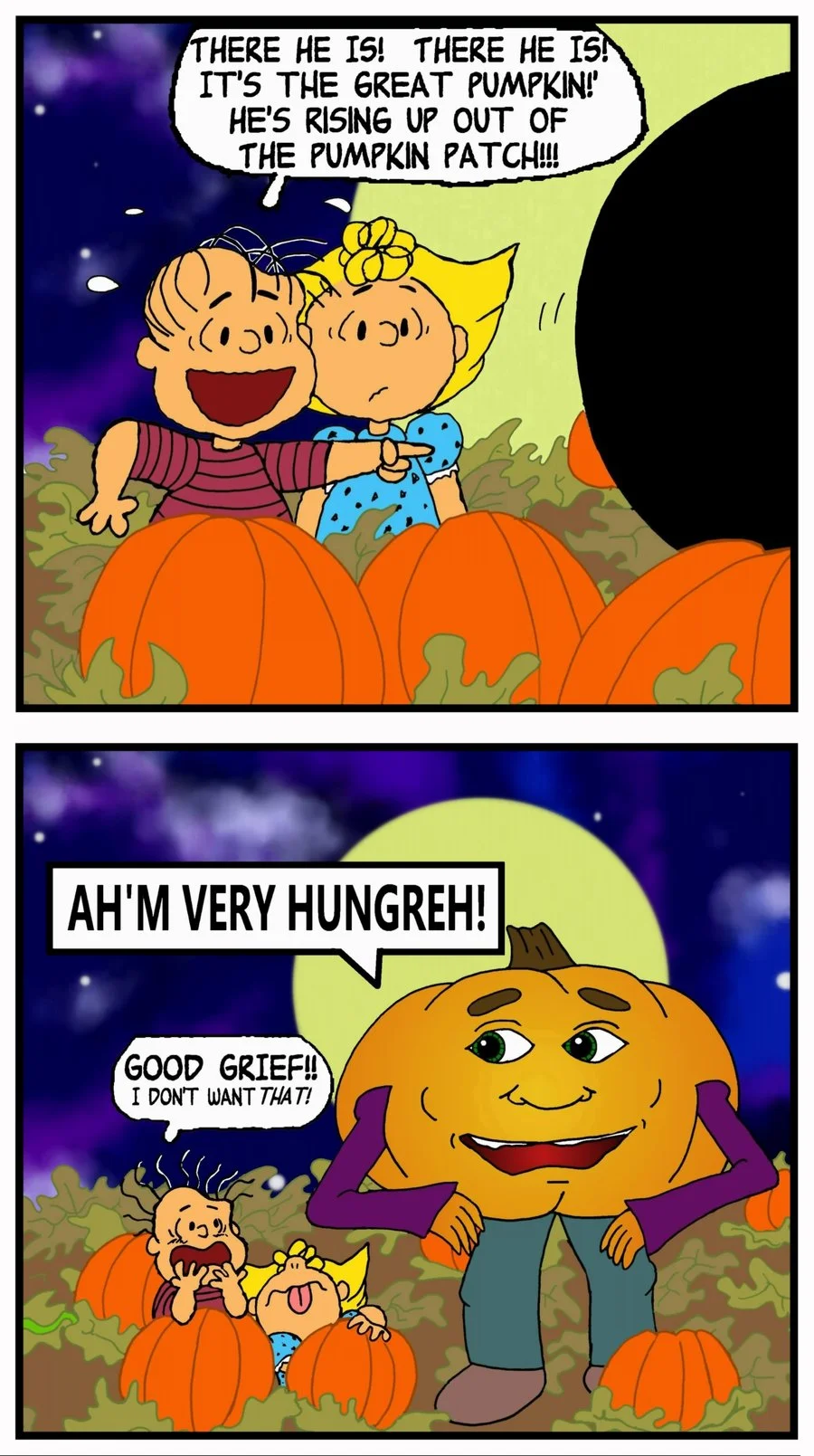 Peanuts parody comic featuring Pumkin as the Great Pumpkin saying he is very hungry
