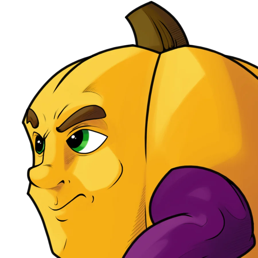 Pumkin — Stylized portrait of pumpkin character with smug side-glance expression