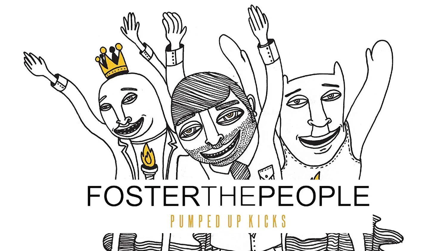 Foster the People 'Pumped Up Kicks' single cover art with masked line-drawn figures