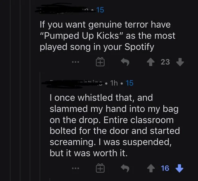 Screenshot of online comments joking about the song Pumped Up Kicks