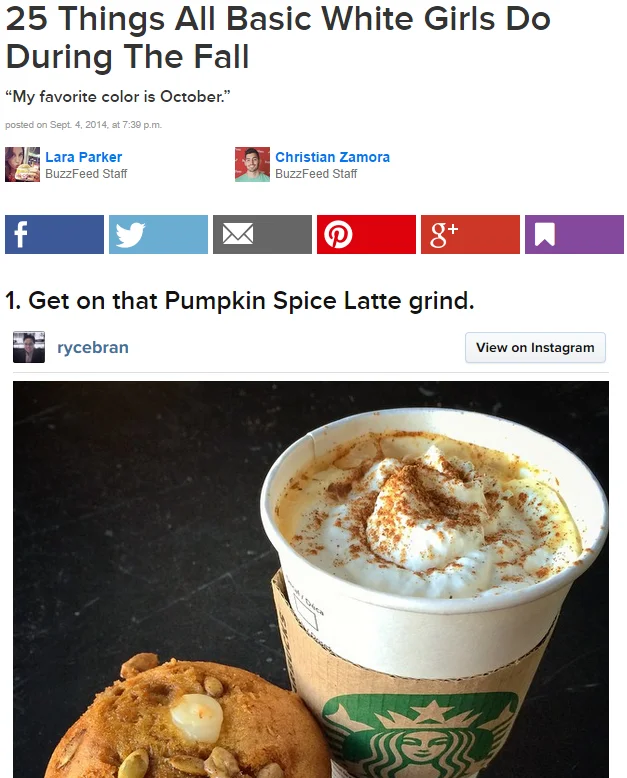 BuzzFeed article screenshot listing pumpkin spice latte as top fall activity for basic white girls