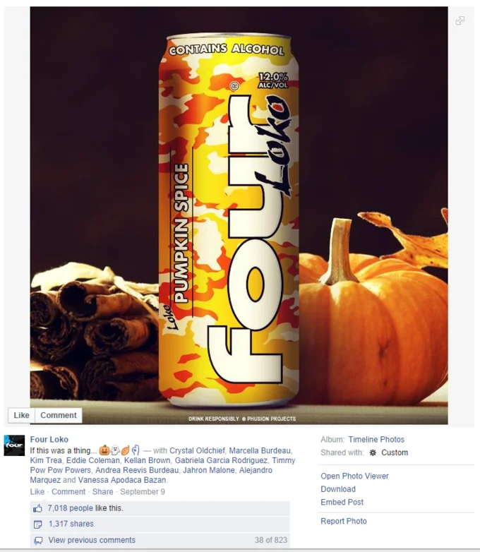 Pumpkin Spice Latte — Facebook post of a mock pumpkin spice Four Loko can beside a pumpkin and cinnamon sticks