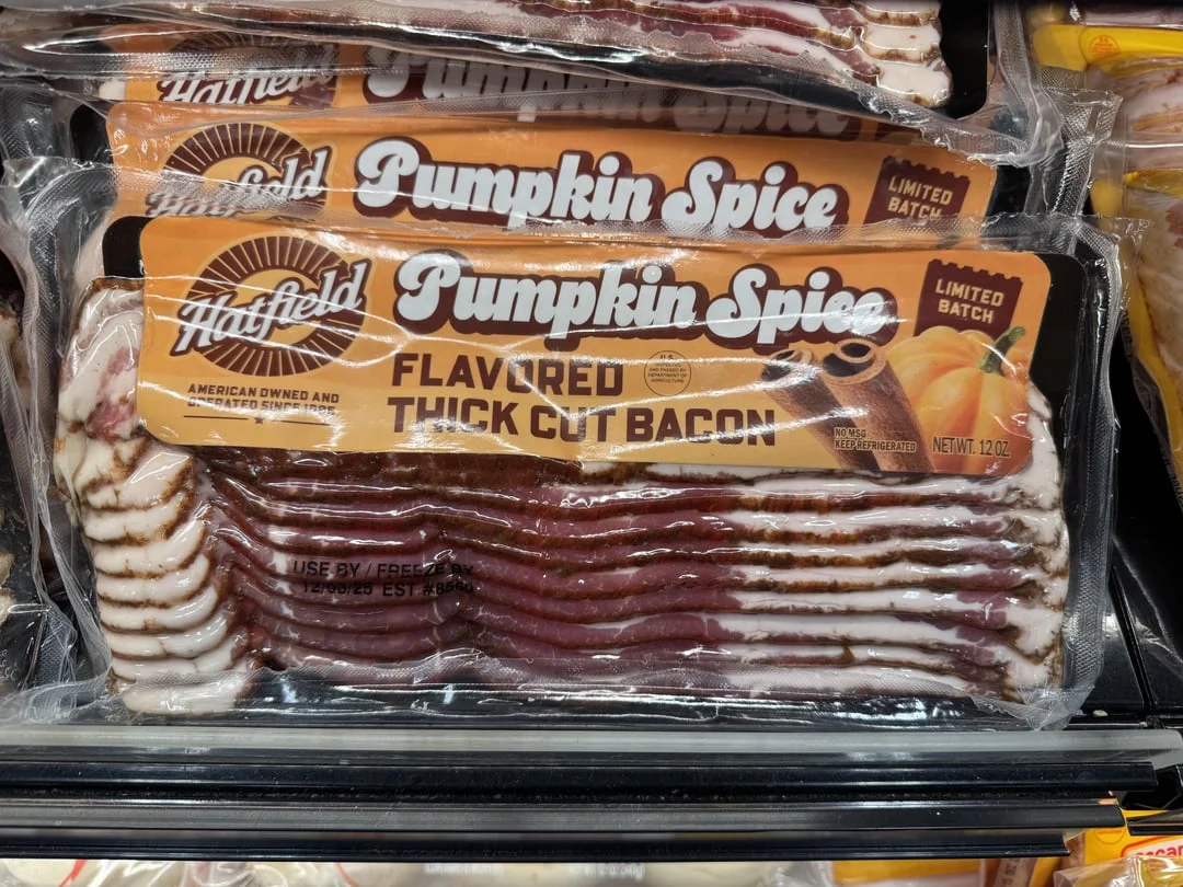 Pumpkin Spice Latte — Hatfield Pumpkin Spice flavored thick cut bacon packages on a store shelf
