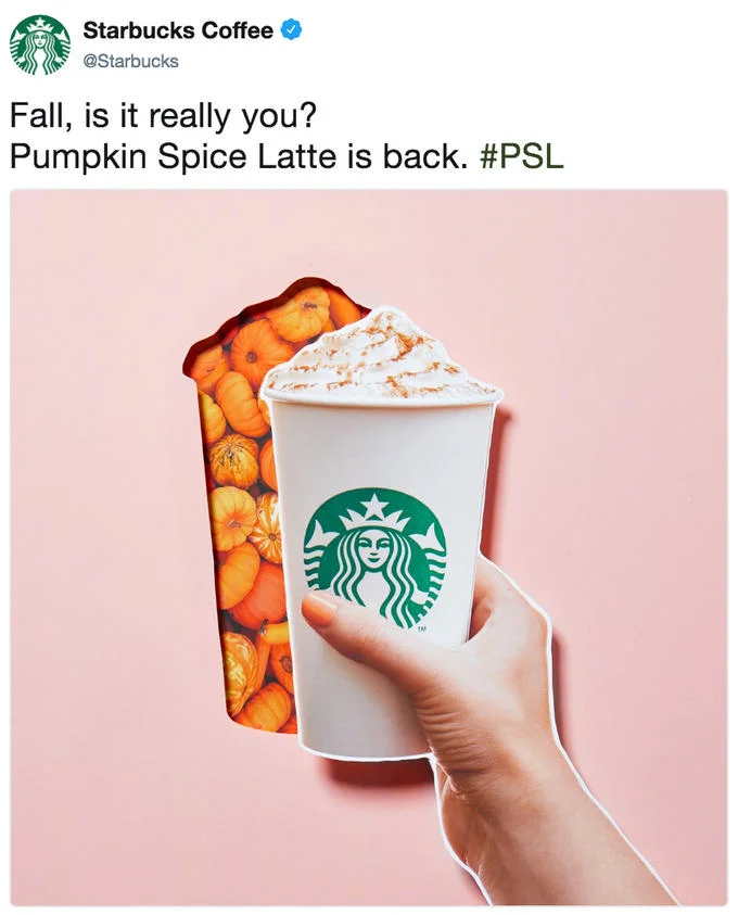 Starbucks Twitter announcement that the Pumpkin Spice Latte is back for fall