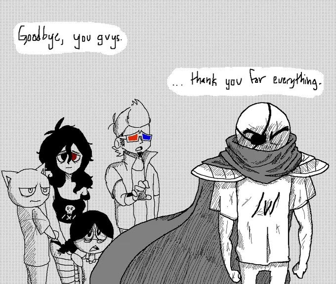 Punished Snake — A hand-drawn sketch-style comic showing a group of characters bidding farewell to a cloaked figure walking away, with dialogue expressing