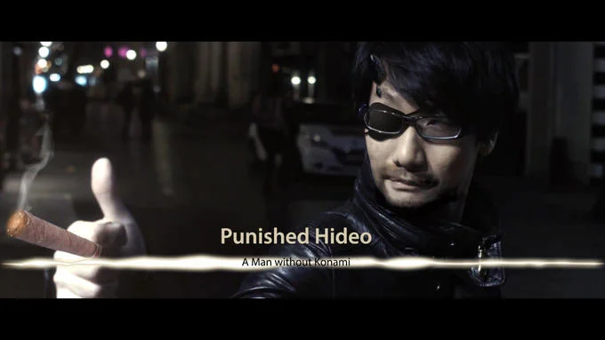 Punished Snake — A photo-edited image of Hideo Kojima wearing sunglasses and holding a cigar with Metal Gear Solid V title card styling that reads 'Punished