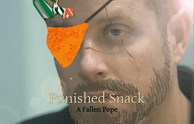 Punished Snake — A close-up of a bearded man's weathered face edited with an orange snack chip as an eye patch and an Irish flag hair clip, with a MGSV title