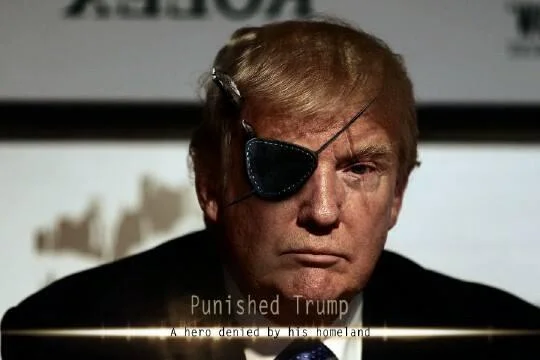 Punished Snake — A serious photo of Donald Trump edited to include a Metal Gear Solid V-style eye patch with a title card overlay reading 'Punished Trump / A