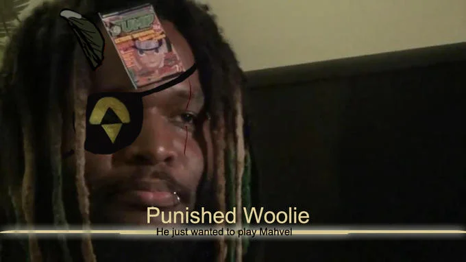 Punished Snake — A photo of a man with dreadlocks edited to include a Diamond Dogs emblem eye patch with a Metal Gear Solid V title card reading 'Punished