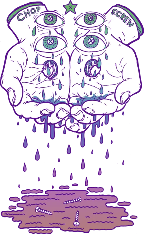 Purple Drank — Illustration of tattooed hands dripping purple liquid into a puddle with screws