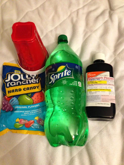 Ingredients for purple drank: Jolly Ranchers, Sprite, codeine syrup, and styrofoam cups