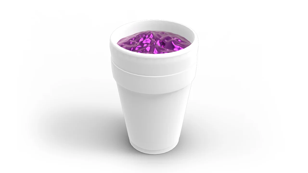 White styrofoam double-cup filled with purple liquid representing lean or purple drank