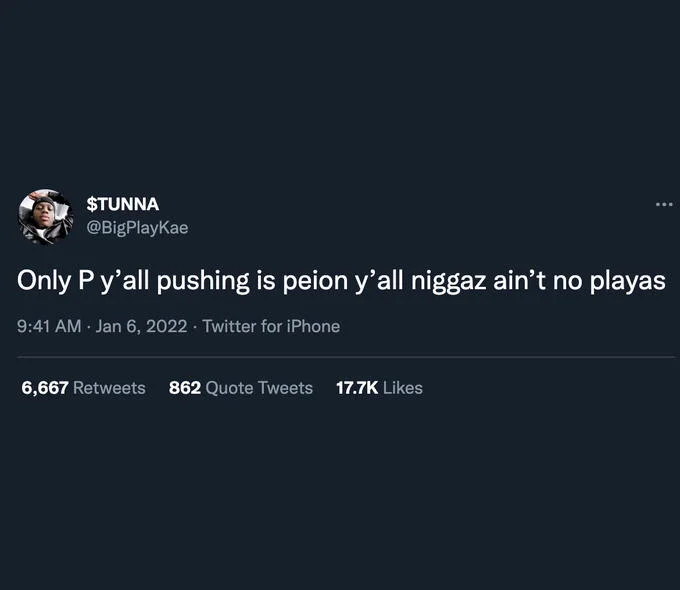 Pushin' P — Tweet mocking the Pushing P phrase, claiming people are only pushing peon