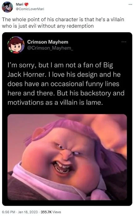 Puss in Boots: The Last Wish — Social media screenshot showing a multi-user discussion about Big Jack Horner's character design and redemption as a villain