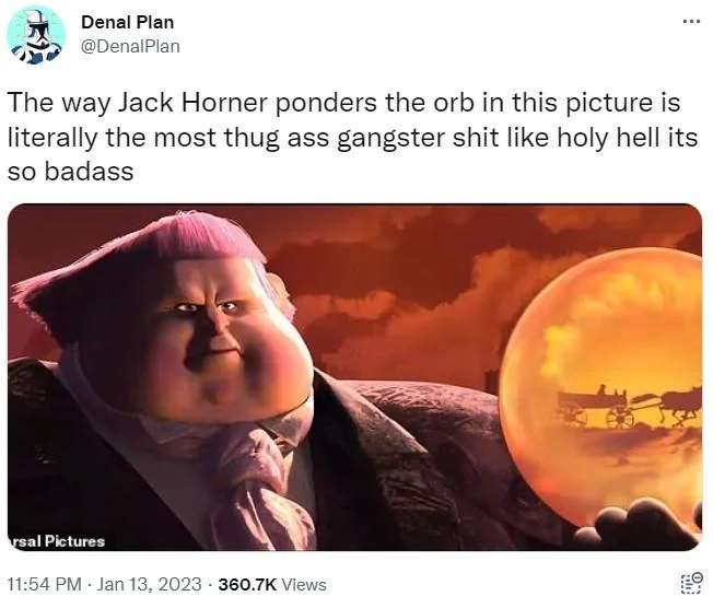Puss in Boots: The Last Wish — Social media post commenting on Jack Horner's menacing pose while holding a glowing magical orb, emphasizing the villain's