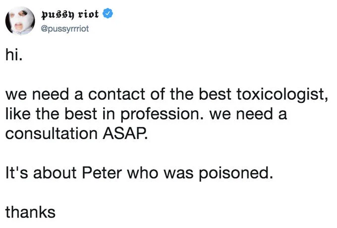 Screenshot of a Pussy Riot tweet asking for the best toxicologist after Peter's poisoning.