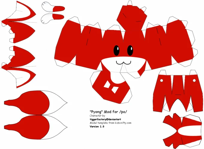 A papercraft or origami-style template of the Pyong character displayed in unfolded form, showing all the red and white paper pieces needed to assemble the 3D